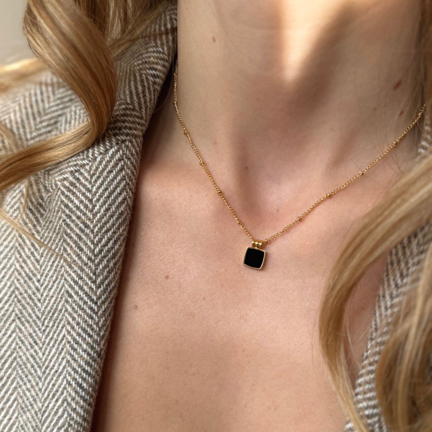 Black Square Enamel Pendant Necklace