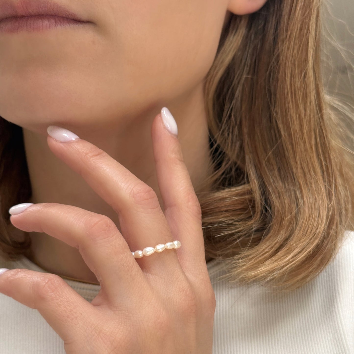 Pearl with Gold Beads Elastic Handmade Ring