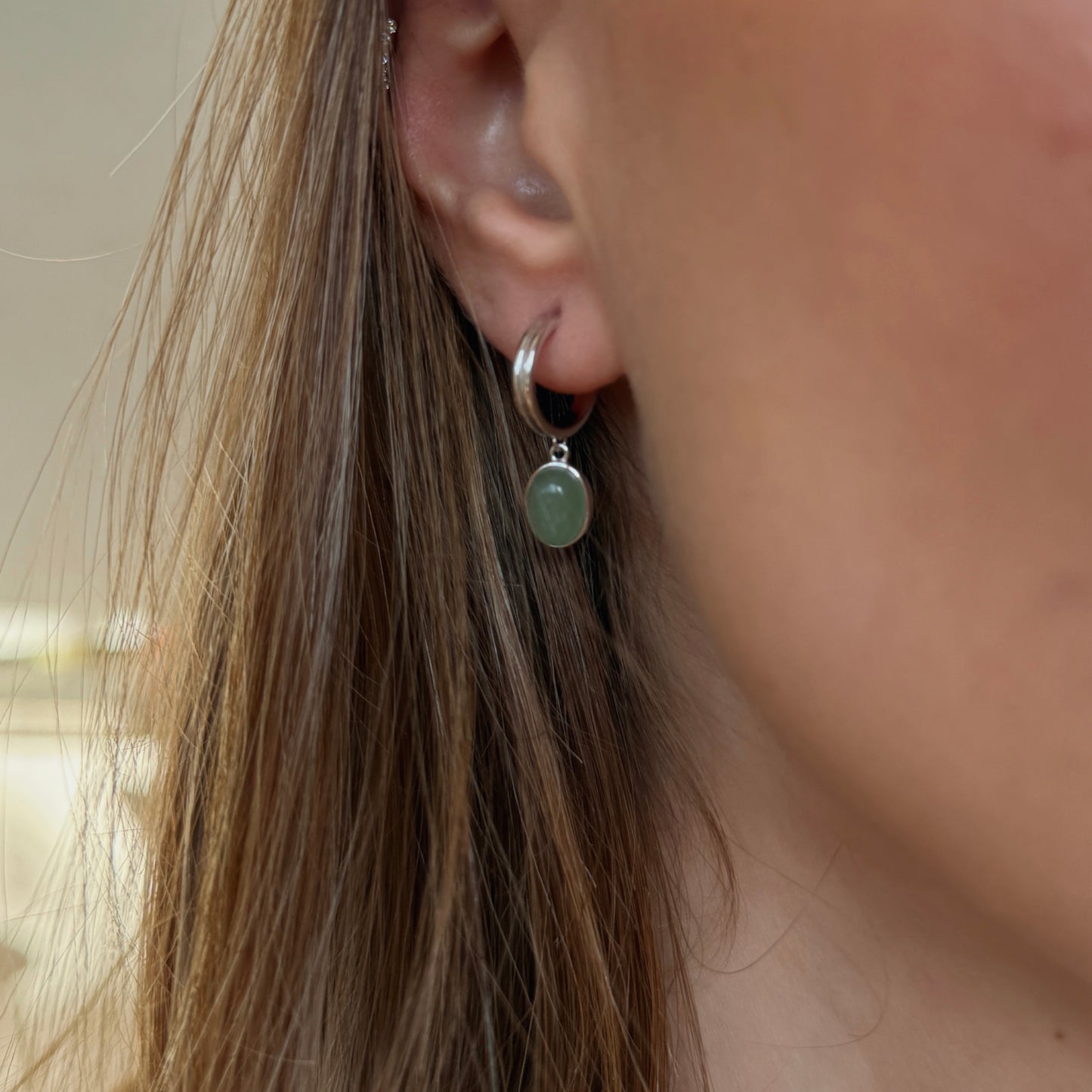 Silver Jade Drop Huggie Earrings