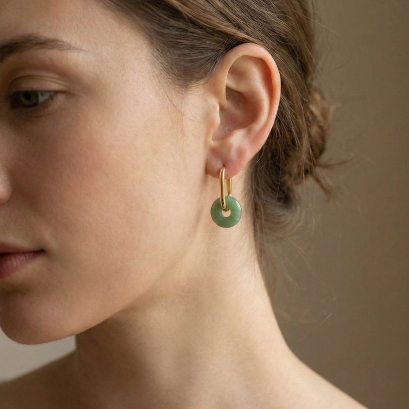 Gold Jade Donut Huggie Earrings