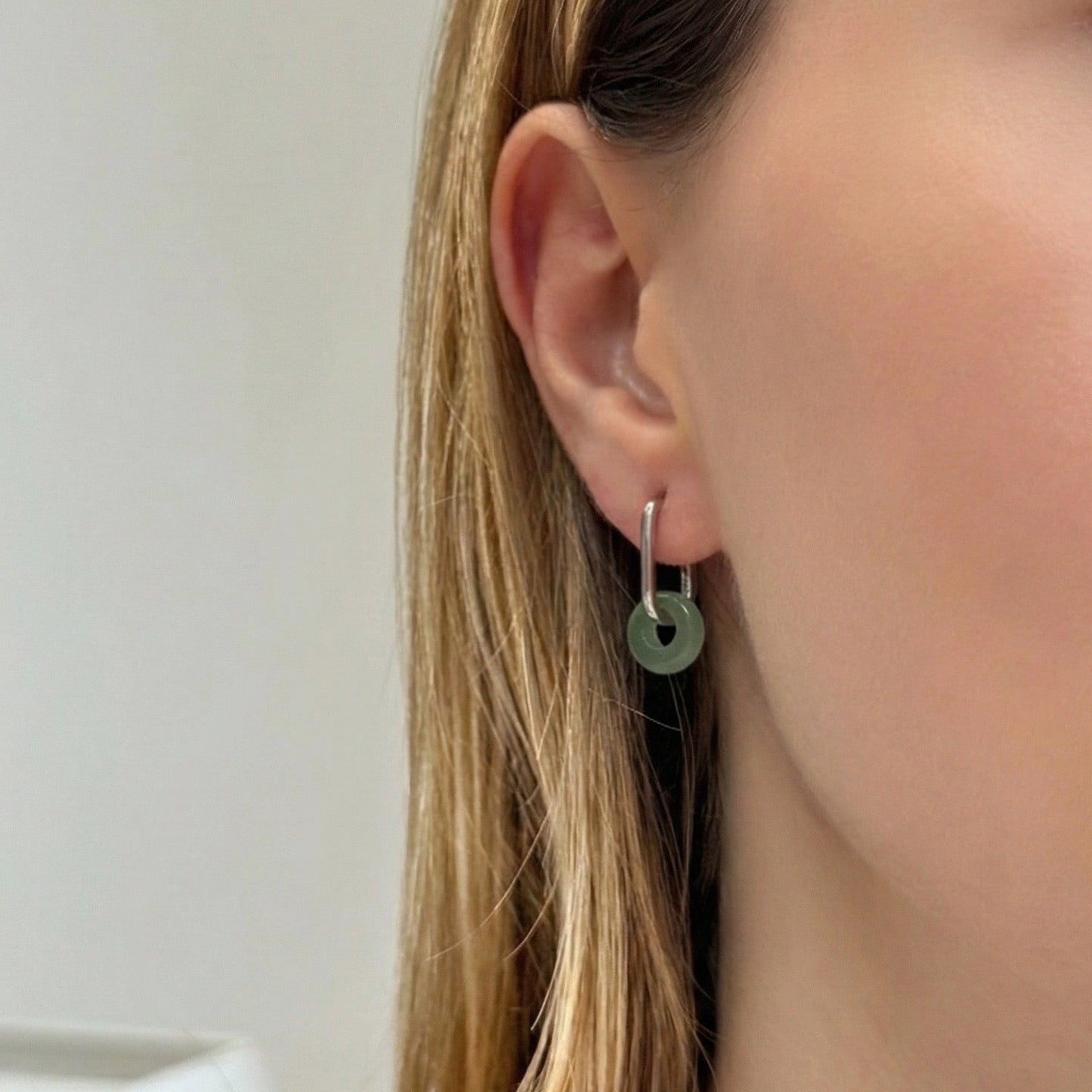 Silver Jade Donut Huggie Earrings